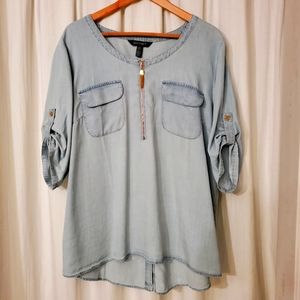 Ellen Tracy Chambray Zip-Down Top XL